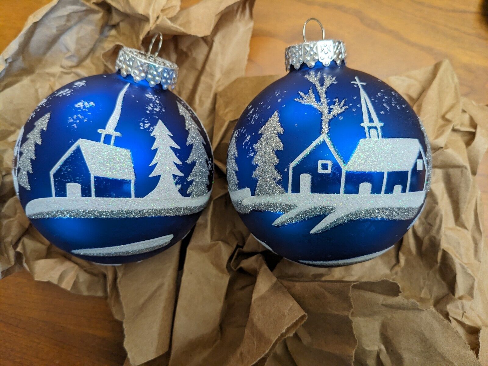 (2) Vtg G & D Cobalt Blue Glass Glitter Winter Church Christmas Tree Ornaments
