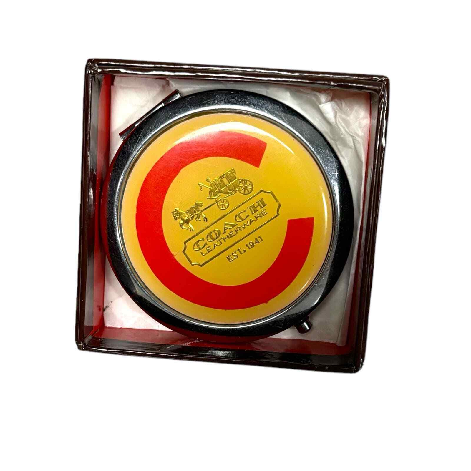 Coach Compact Mirror Double Sided Circle Metal Silver Yellow Logo Makeup 3”