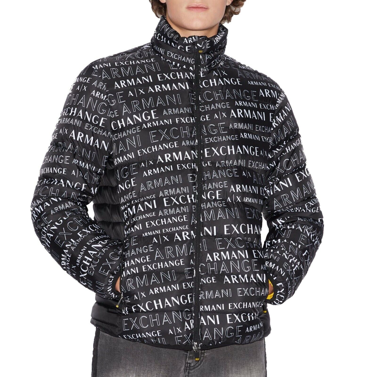 NWT : A|X ARMANI EXCHANGE Mens Logo Print Quilted Puffer Jacket : Black: S - XXL