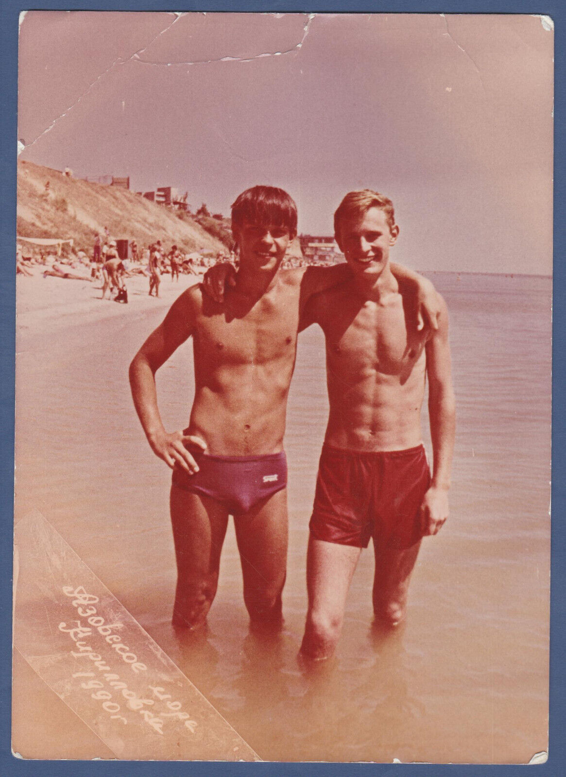 Guys shirtless hugging on beach, bulges, naked torsos men\'s love guys in trunks
