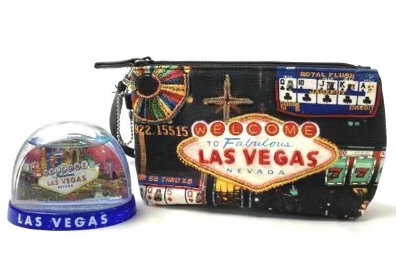 Las Vegas Frankie and Johnnie Beaded Cosmetic Makeup Bag Pouch and Snow Globe