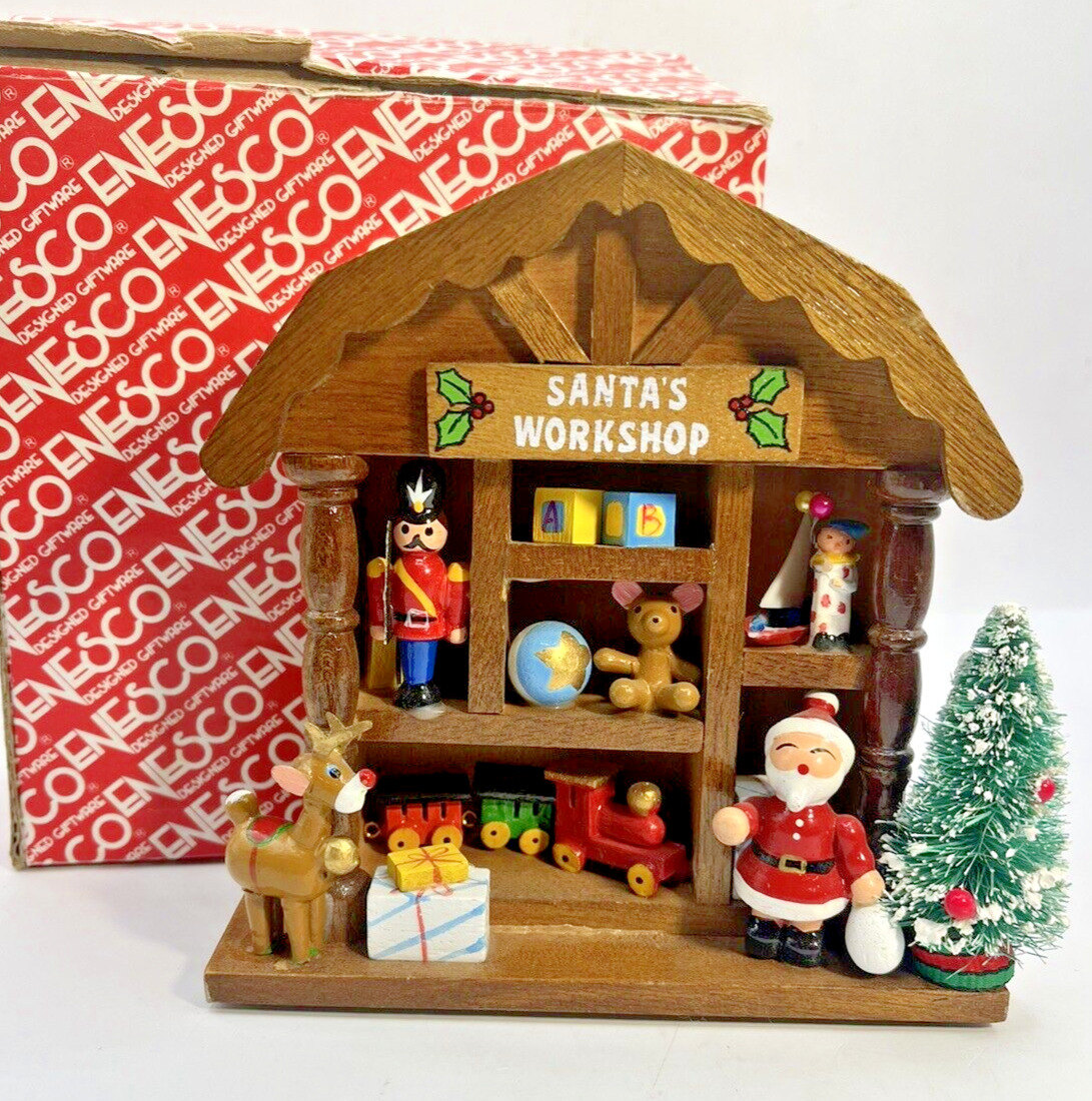 Enesco CHRISTMAS Santa's Work Shop Wooden Toys Bottle Brush Tree VTG 1983 w/ BOX