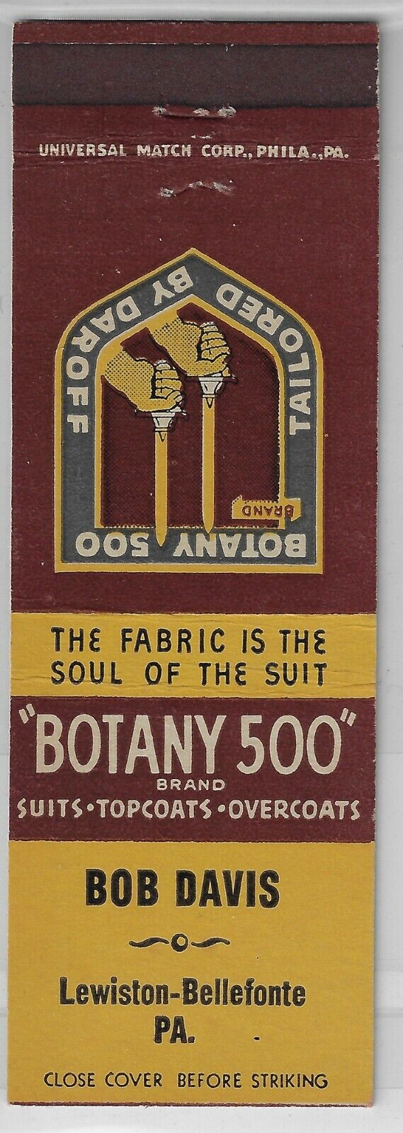 Botany 500 Suits Bob Davis Lewiston-Bellefonte PA. book Empty Matchcover