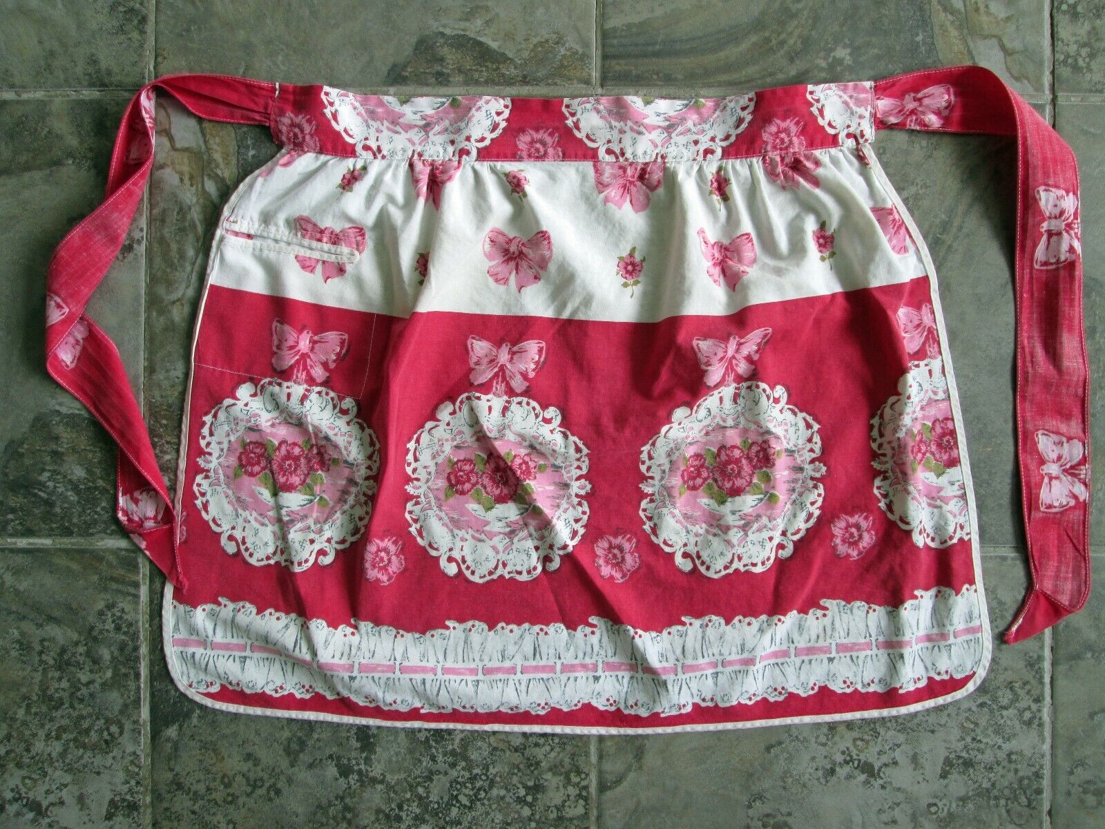 Vintage White Pink Bows Flowers Half Apron Retro Mid-Century Cotton One Pocket