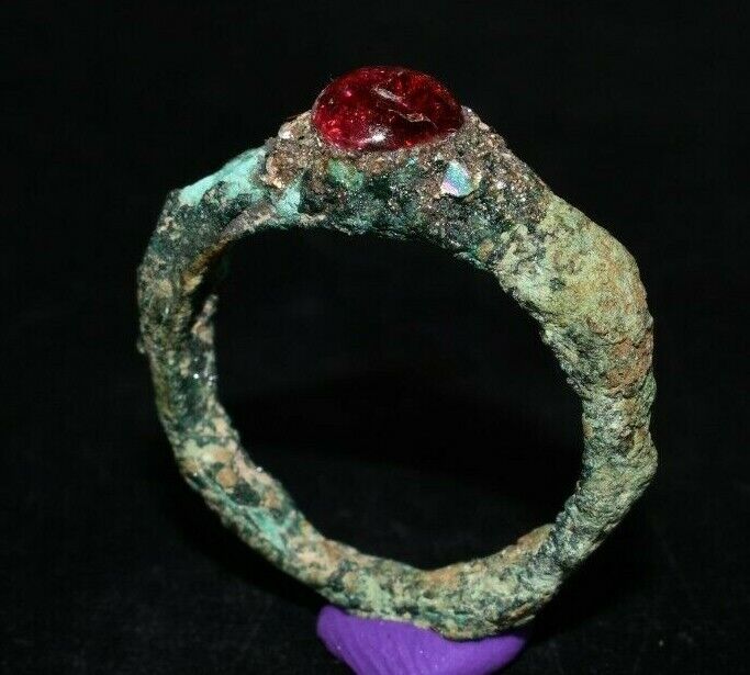 Ancient Medieval Bronze Ring With Garnet Stone Ca. 12th-14th Century A.D