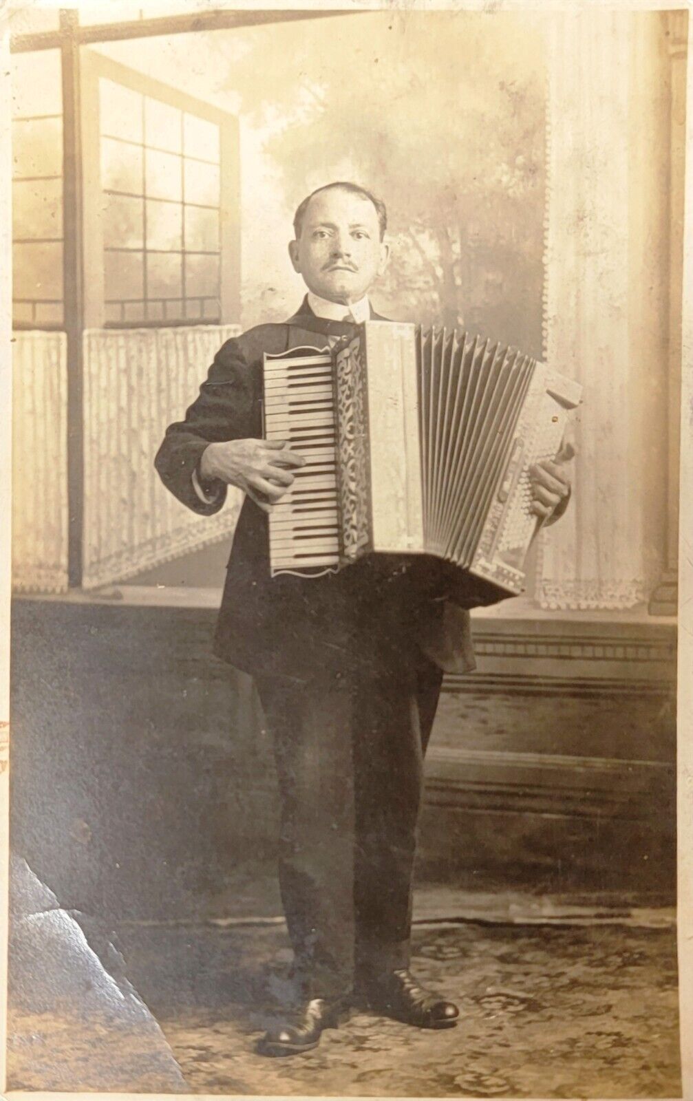 A Man Playing Accordion Real Photo Post Card RPPC AZO 1926-40 UnPosted
