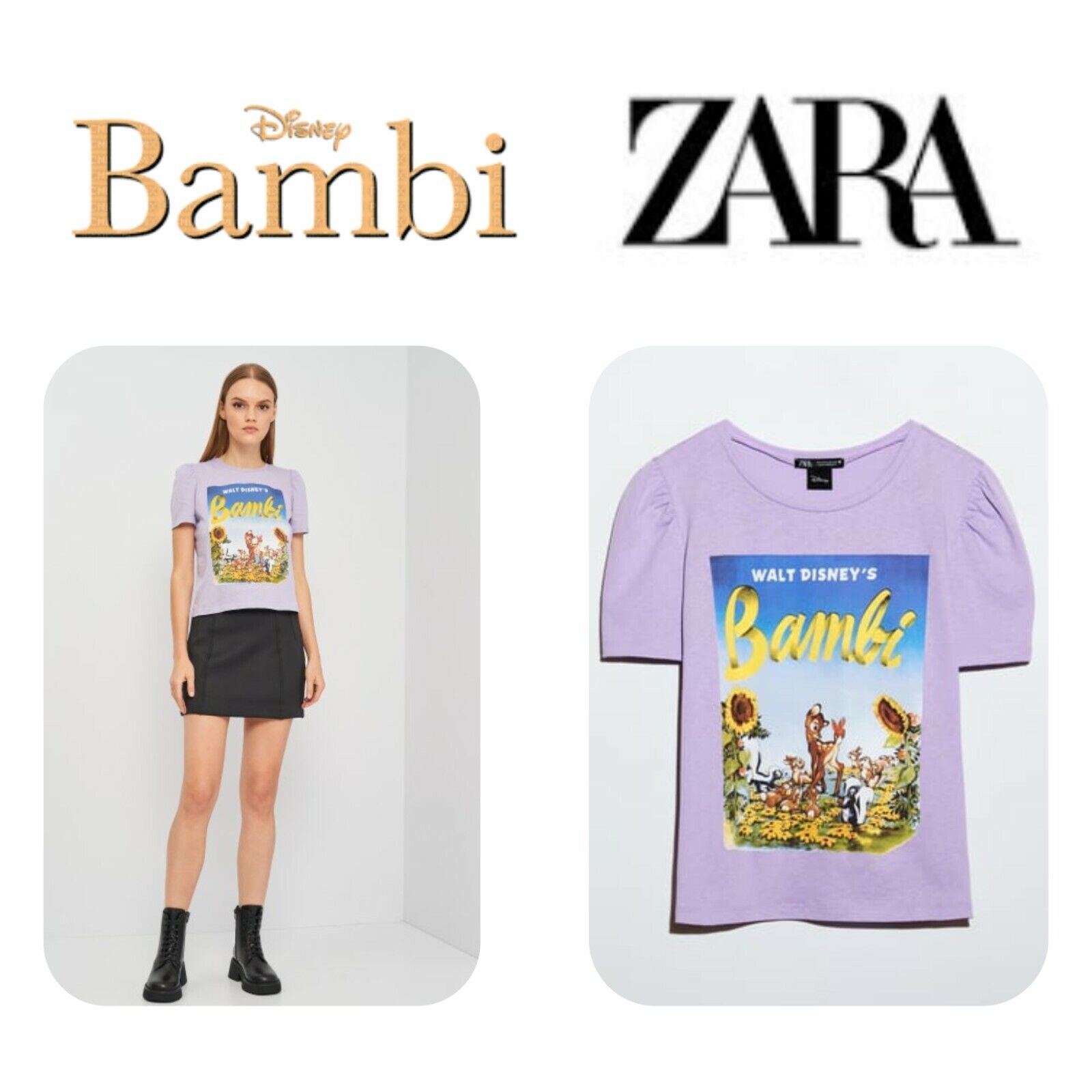 🆕️ZARA x DISNEY Film Print Bambi Women\'s T-Shirt Purple LARGE🆕️