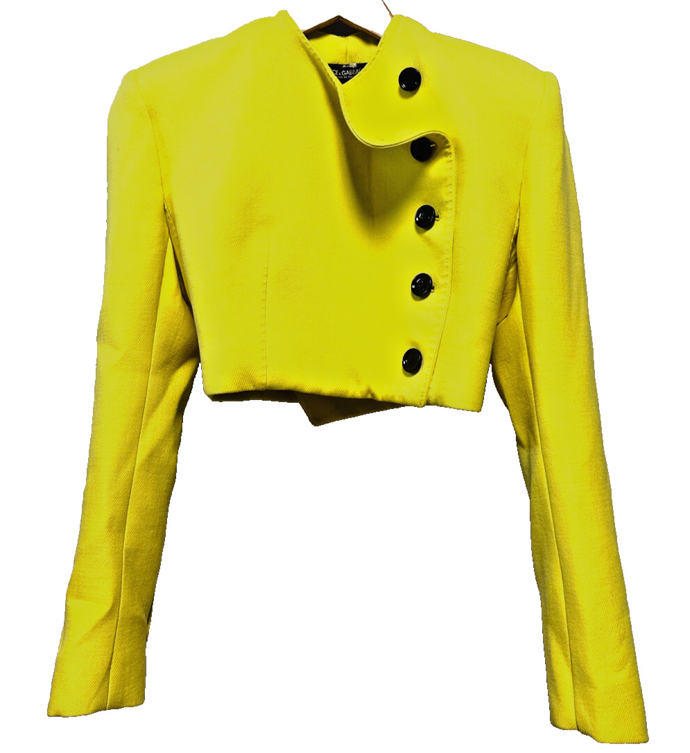 Dolce & Gabbana Size 38 Neon Yellow Silk & Wool black buttons Crop Blazer