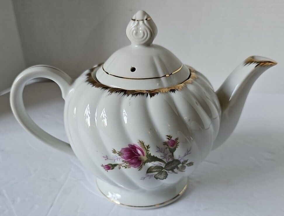 Vintage Marco White Tea Pot W/ Lid Pink Rose Bud Flowers Gold Trim Swirl Pattern