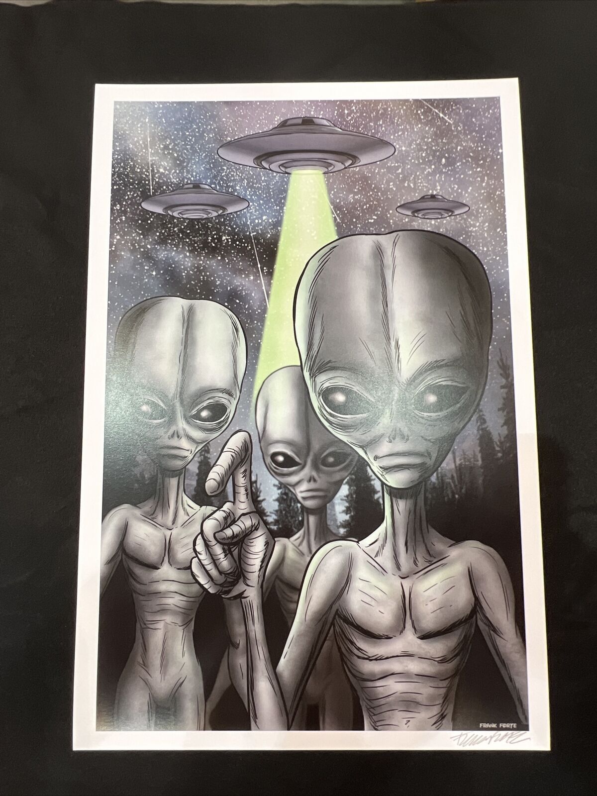 Roswell Gray Aliens UFO X Files Cartoon Characters Print signed by artist Frank