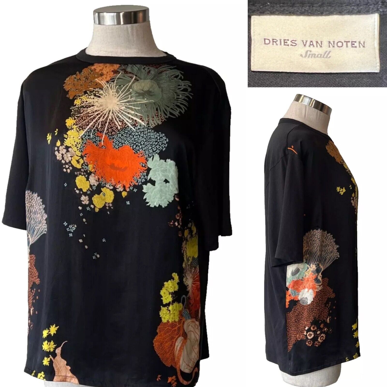 DRIES VAN NOTEN  Black/Orange Silk Satin Floral Panel+Knit Jersey T-Shirt/Top SM