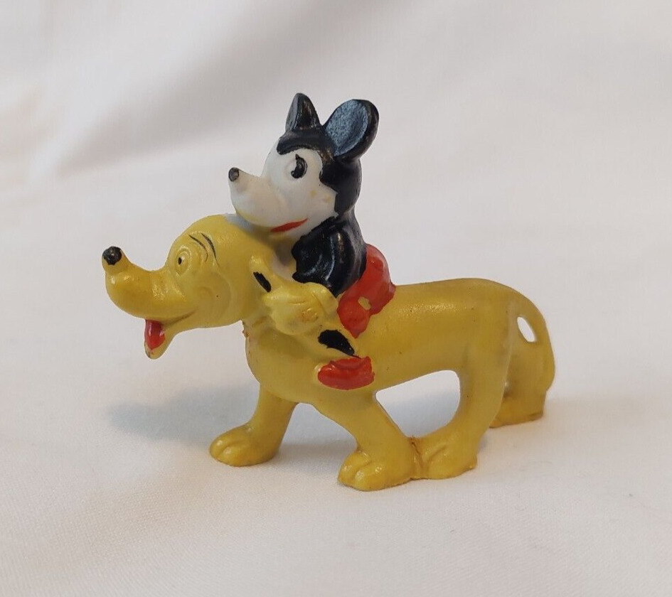 Vintage Disney Mickey Mouse Riding Pluto Bisque Miniature Figurine Made In Japan