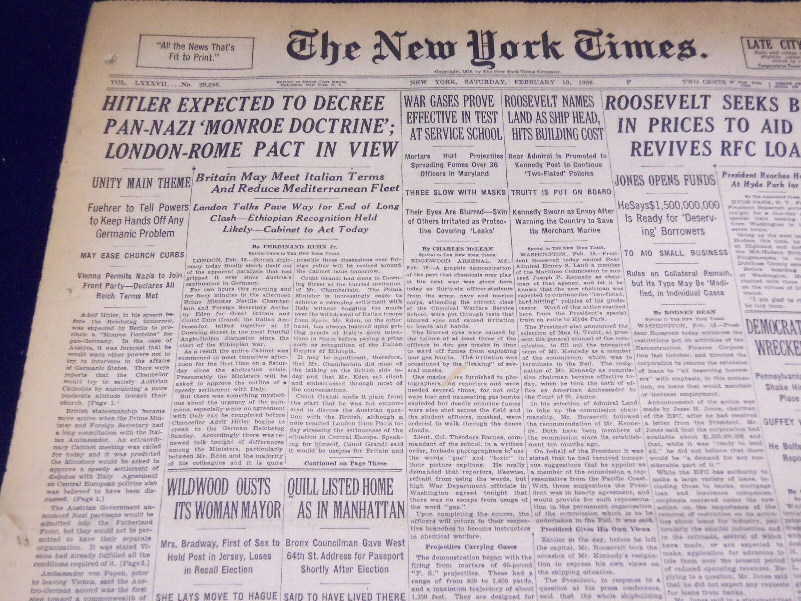 1938 FEB 19 NEW YORK TIMES - HITLER EXPECTED TO DEGREE PAN-NAZI MONROE - NT 2395