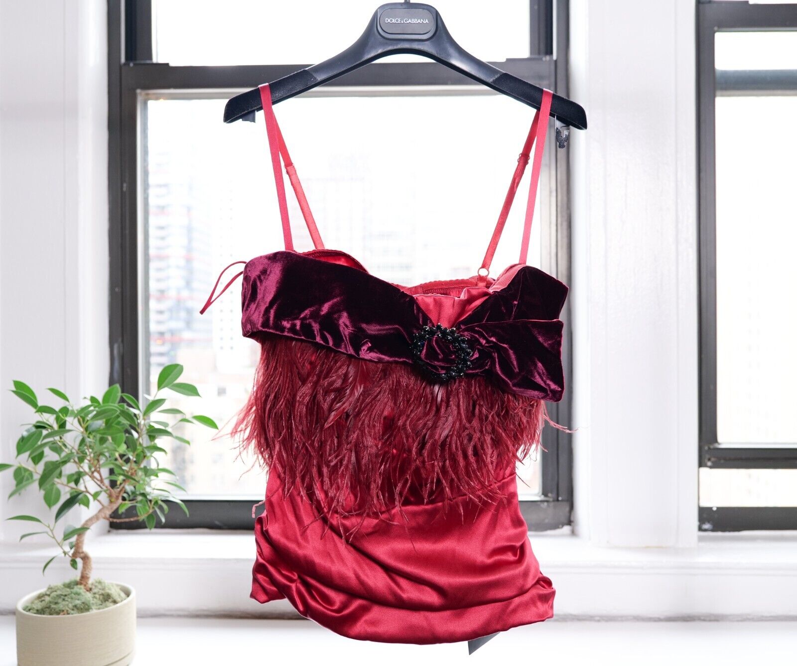 Dolce & Gabbana Vintage Red Silk Feather Embellished Corset Top