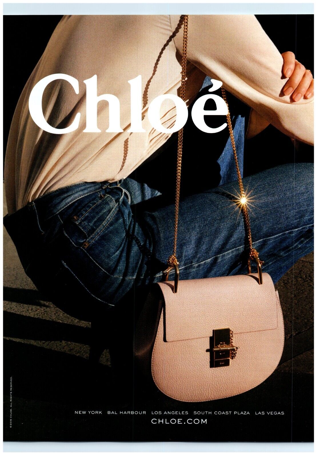 2016 Chloe Print Ad, Drew Crossbody Bag Blouse Tucked into Jeans Heels Nails
