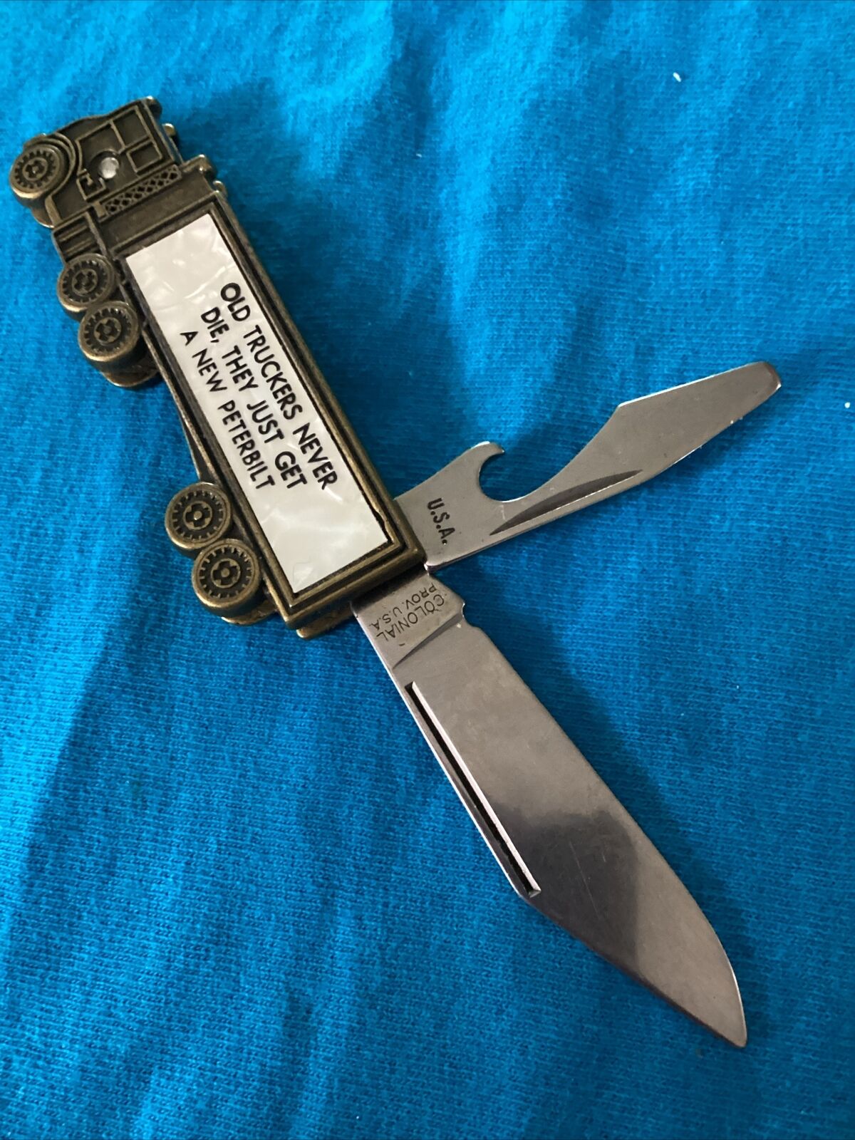 NOS Colonial USA Peterbilt Key Chain Necklace Trucker 2 Blade Knife Opener