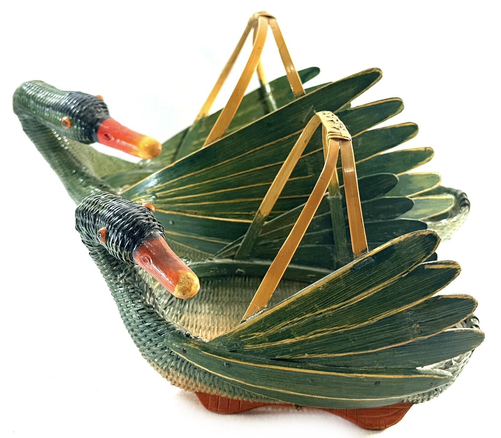 Vintage Green Zhejiang Nesting Wicker Rattan Swan Duck Goose Baskets w/ Handle