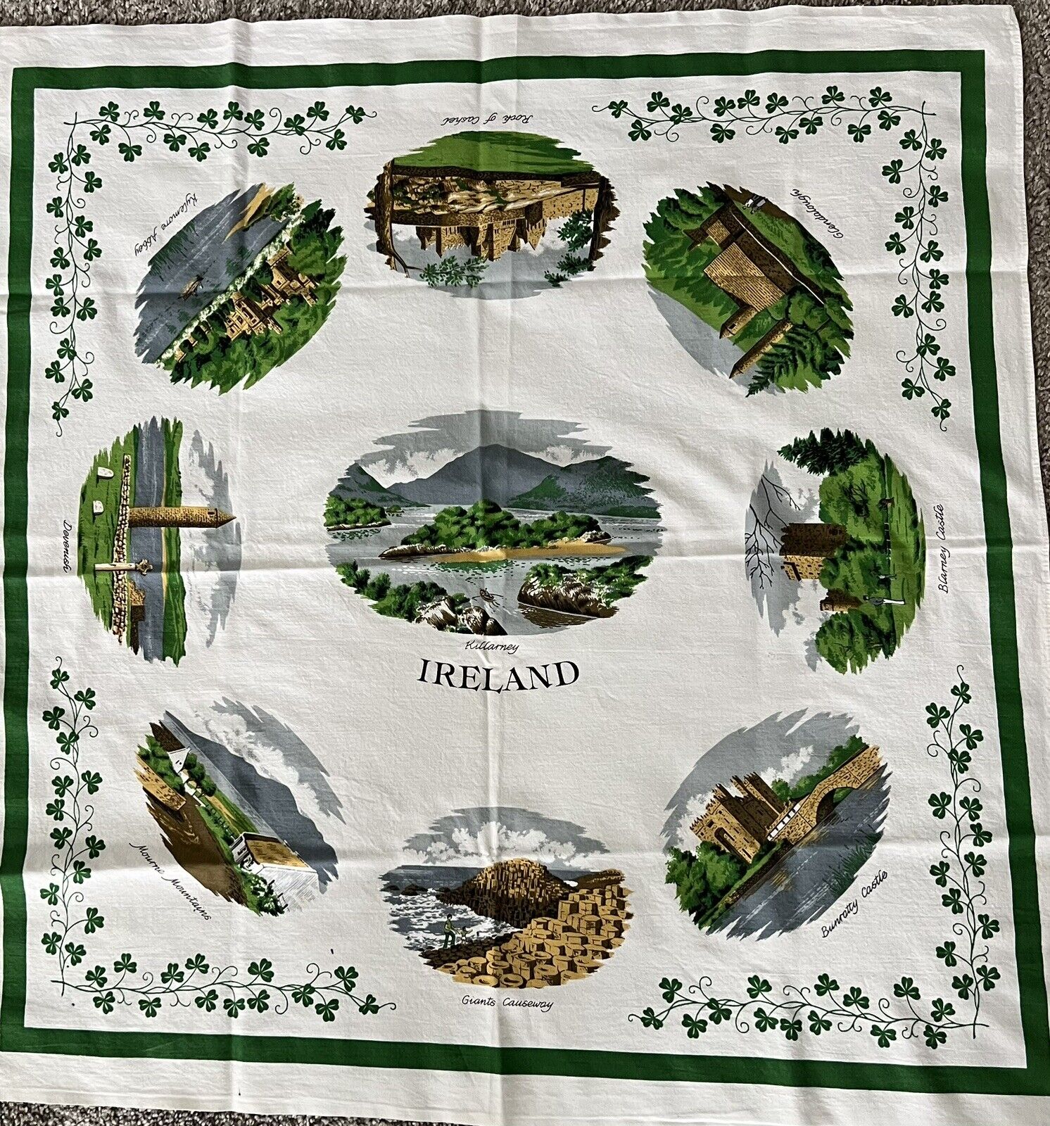 Vintage Famous Landmarks of Killarney Ireland Linen Tablecloth