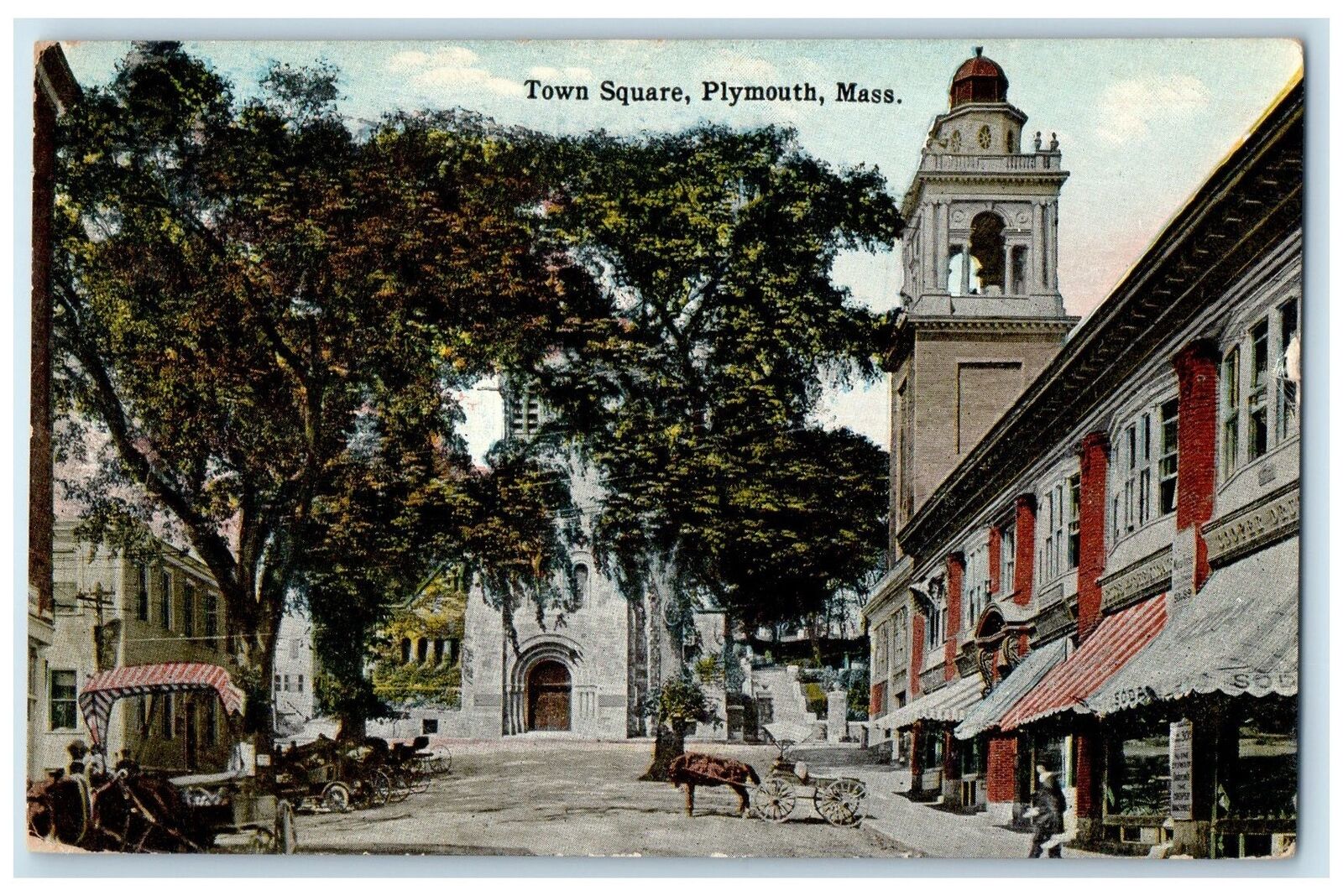 1914 Town Square Shops Trees Scene Plymouth Massachusetts MA Unposted Postcard