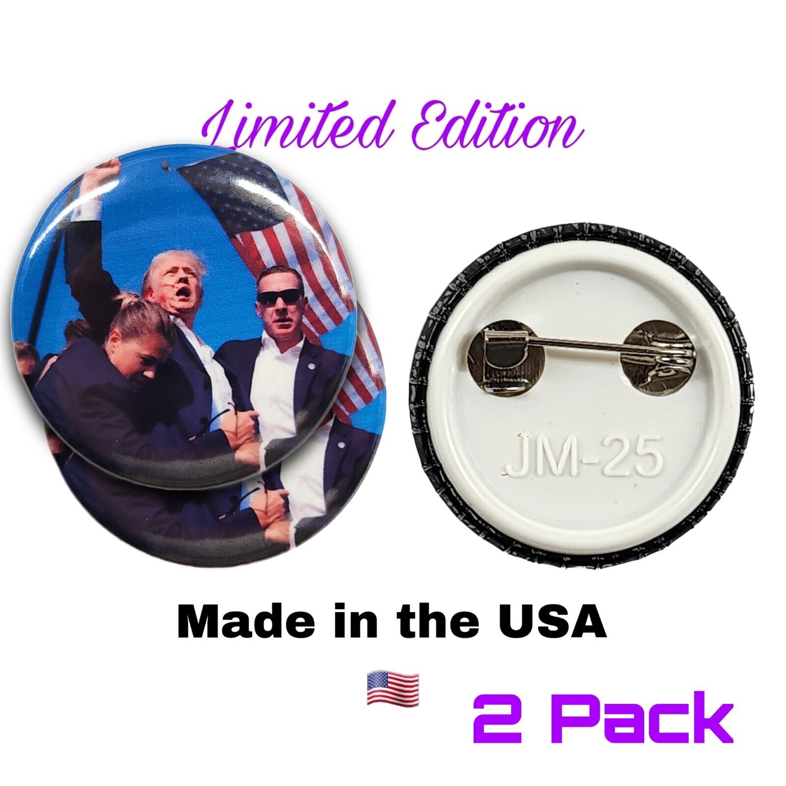 2 Donald TRUMP SHOT 2024 Button Pin Gift America Patriot President Assassination