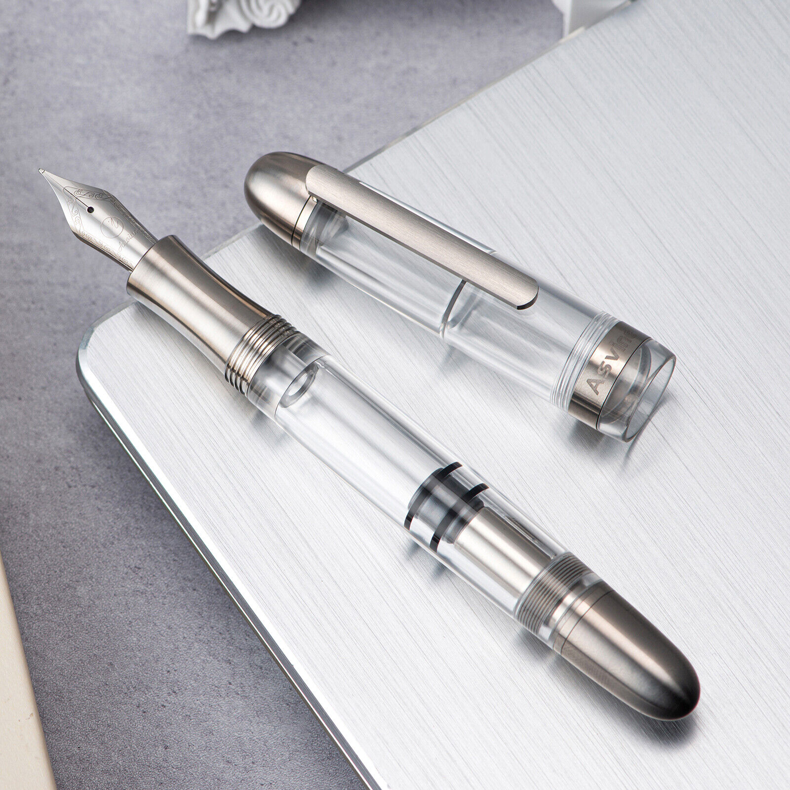 Asvine P36 Piston Fountain Pen Bock/ Asvine Nib, Titanium & Acrylic Writing Pen