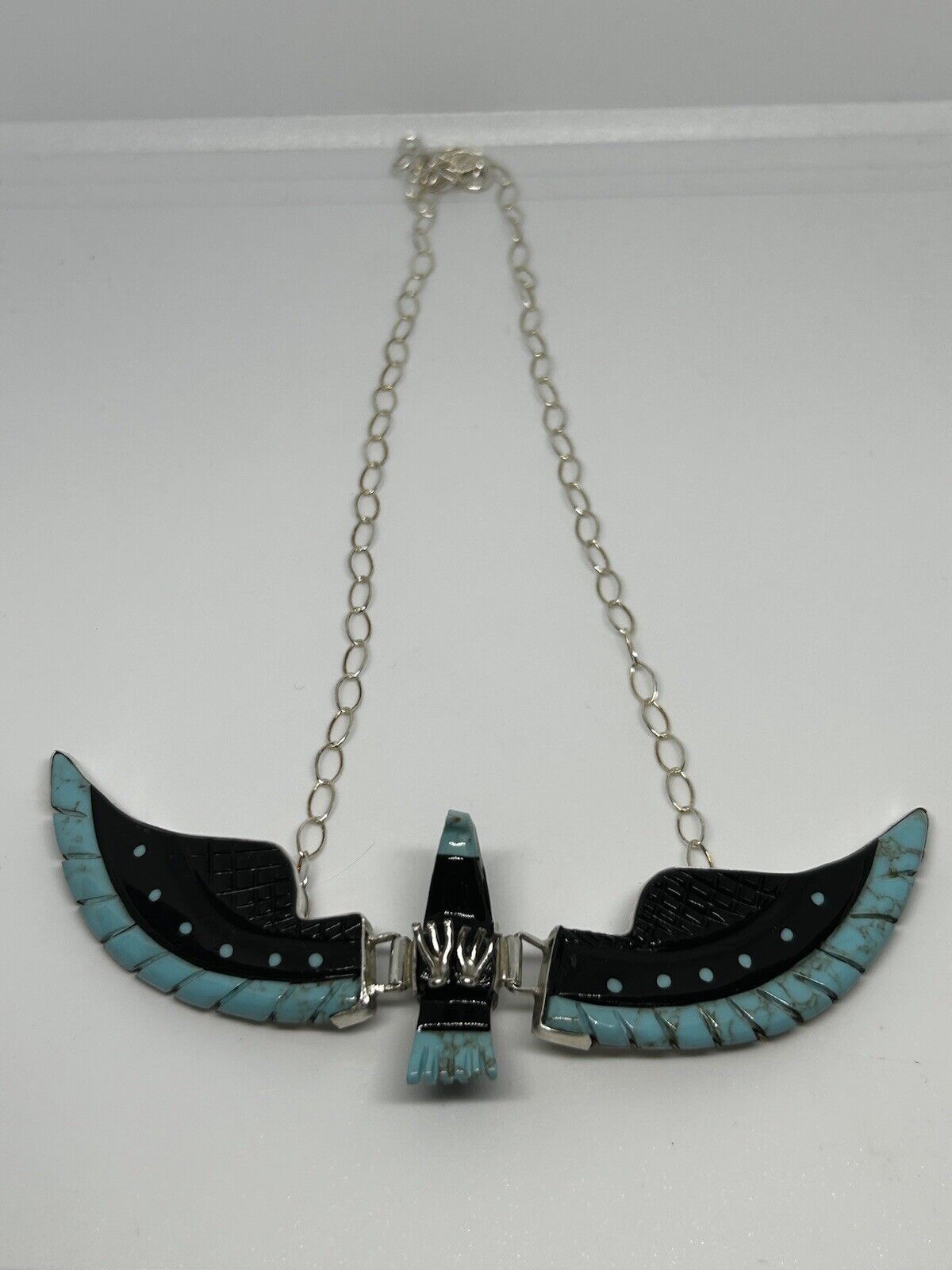Navajo Black Onyx And Turquoise Sterling Native Silver American Eagle Necklace
