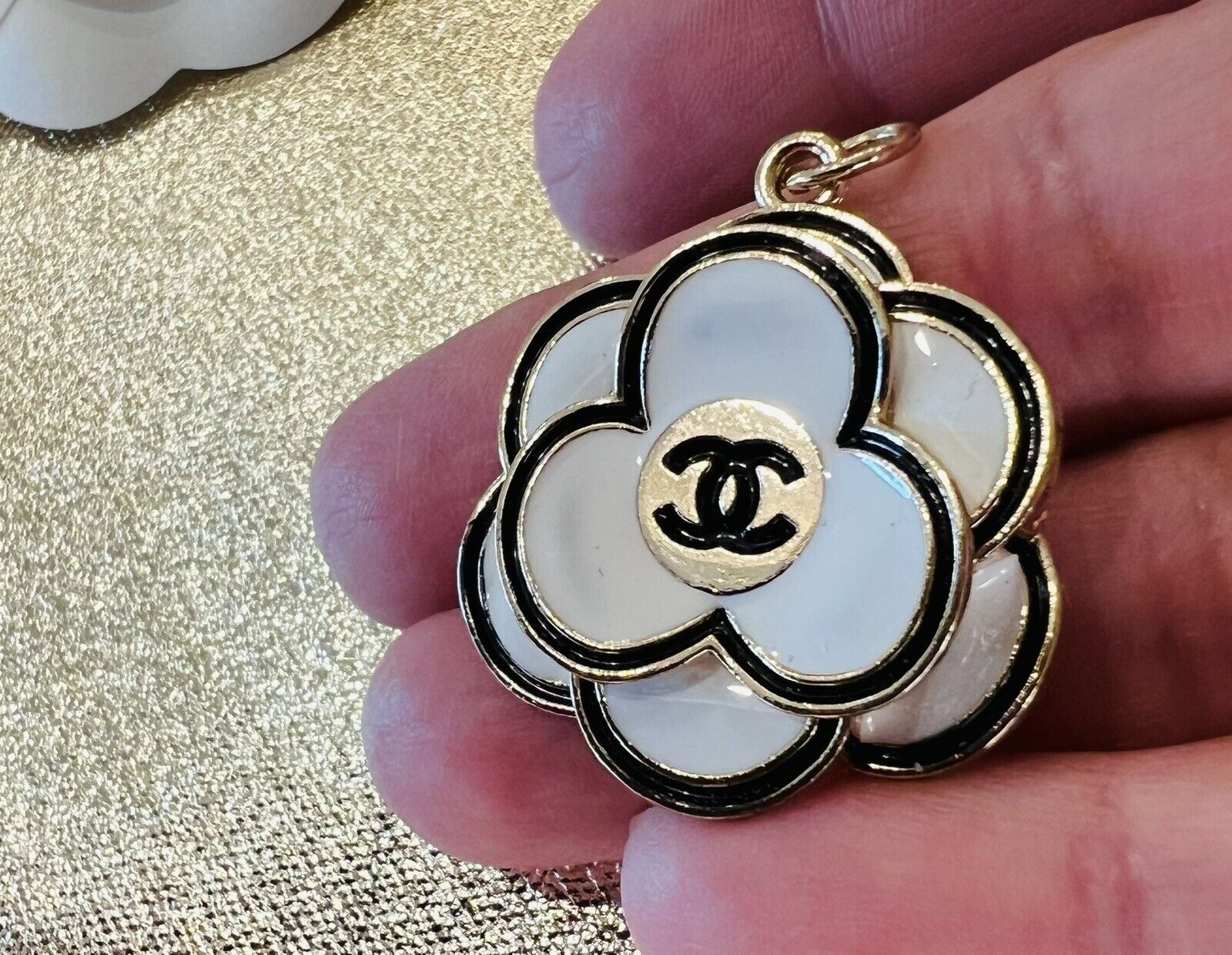 Chanel Pull Big  Camellia ,White , Black And Gold Color Stamped