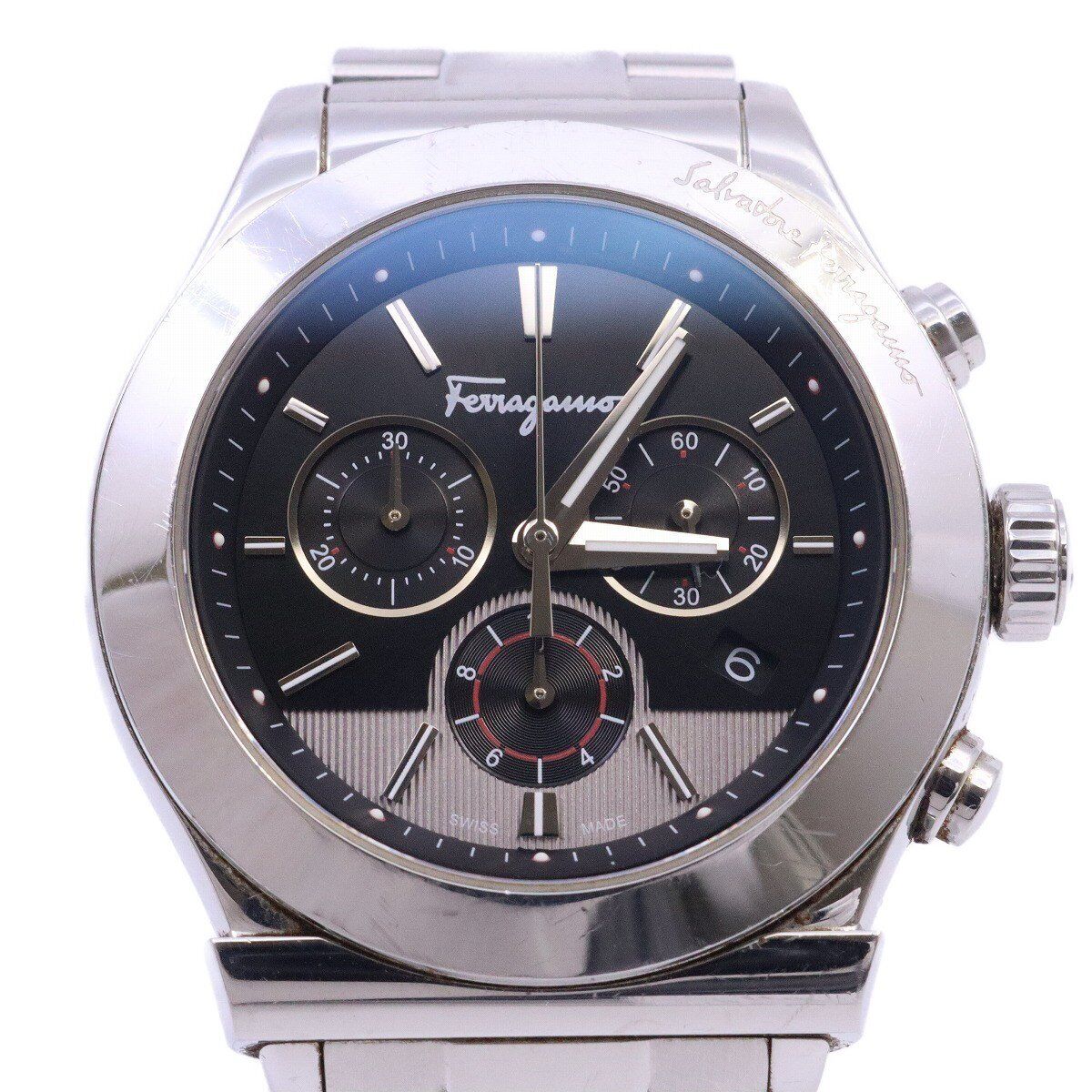 Ferragamo Chronograph Quartz Men'S Watch Black Dial Genuine Ss Strap Ffm