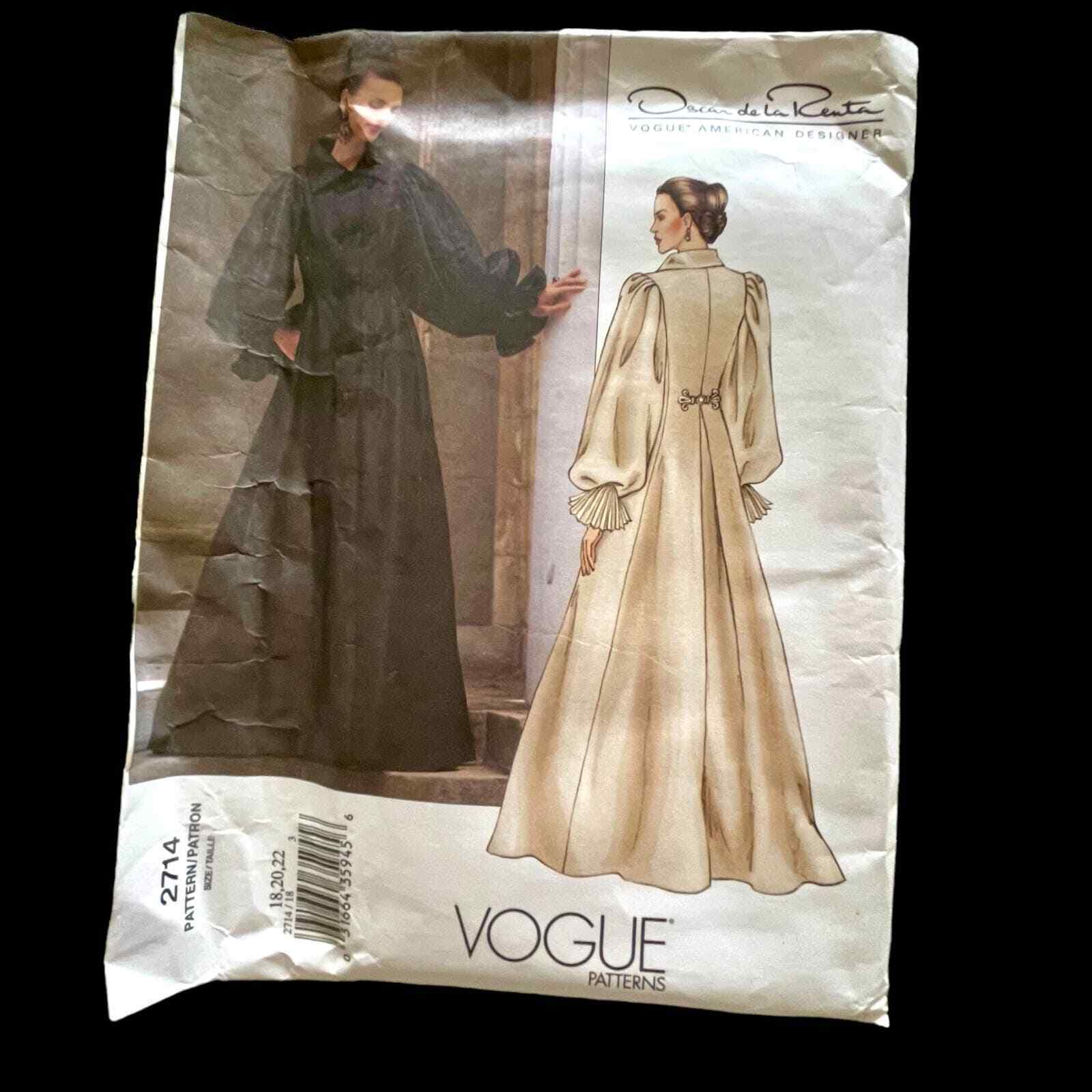 Vogue 2714 Oscar de la Renta Sewing Pattern Uncut Opera Coat Dress Sz 18-20-22