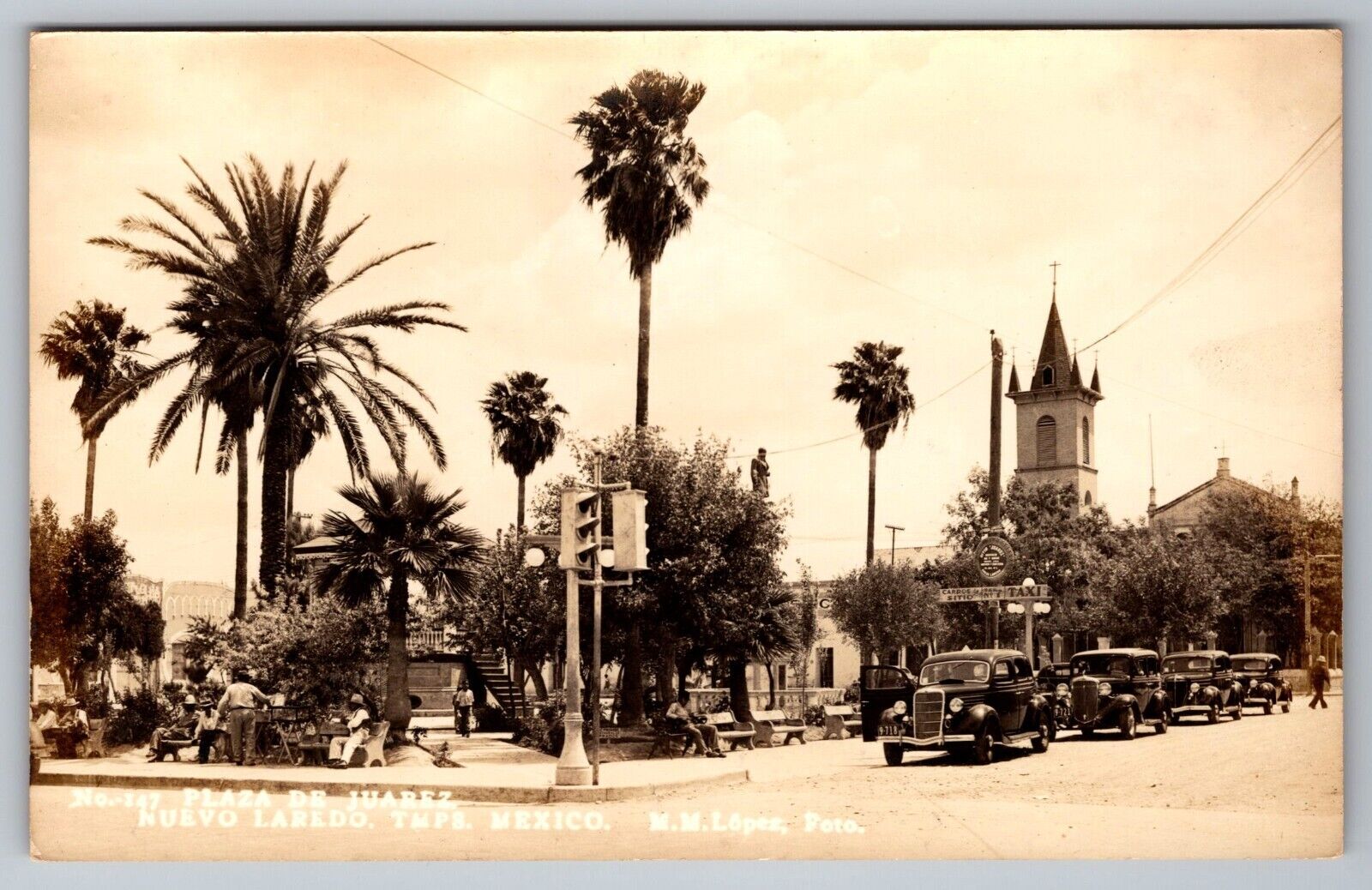 Vintage RPPC Plaza de Juarez Taxi Stand, 1930s Sedans, Food Vendor street scene