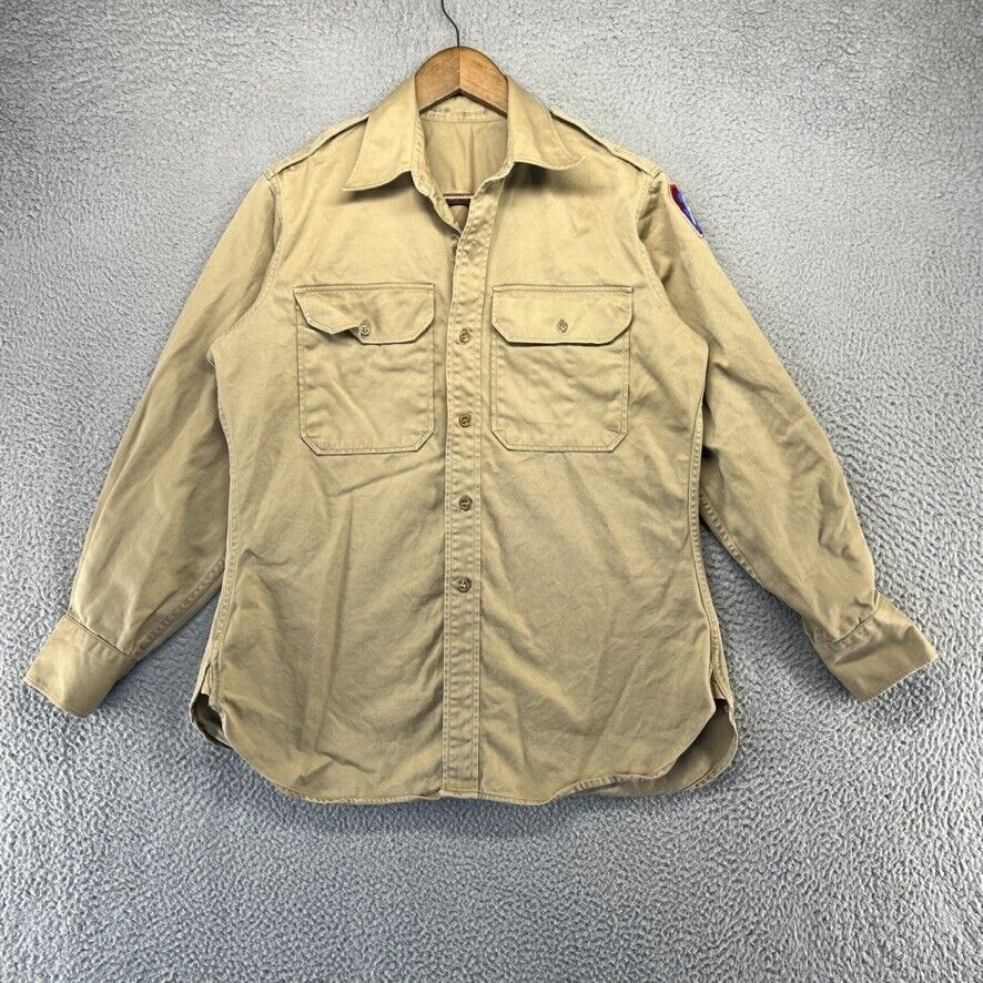 Vintage WW2 Shirt Men's Medium Brown Khaki Uniform Field Military A5 Patch 40s