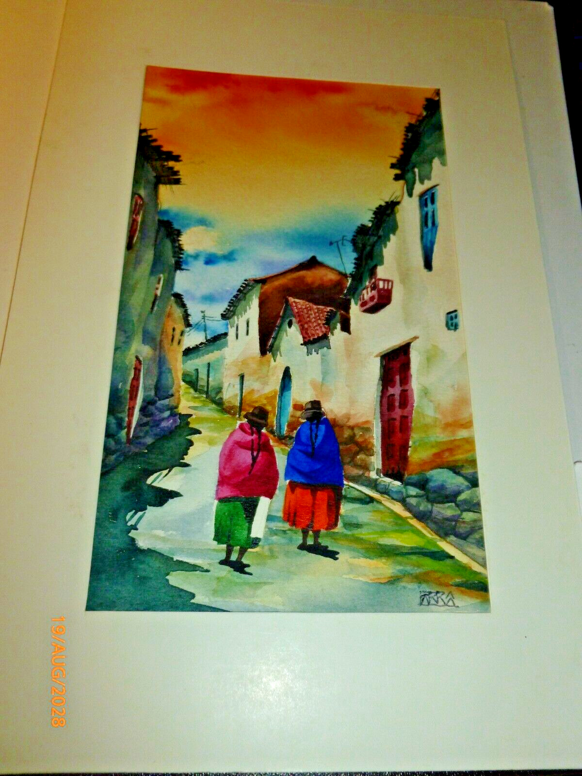 VINTAGE PERUVIAN WATERCOLOR STREET SCENE Matted Signed 4x7\