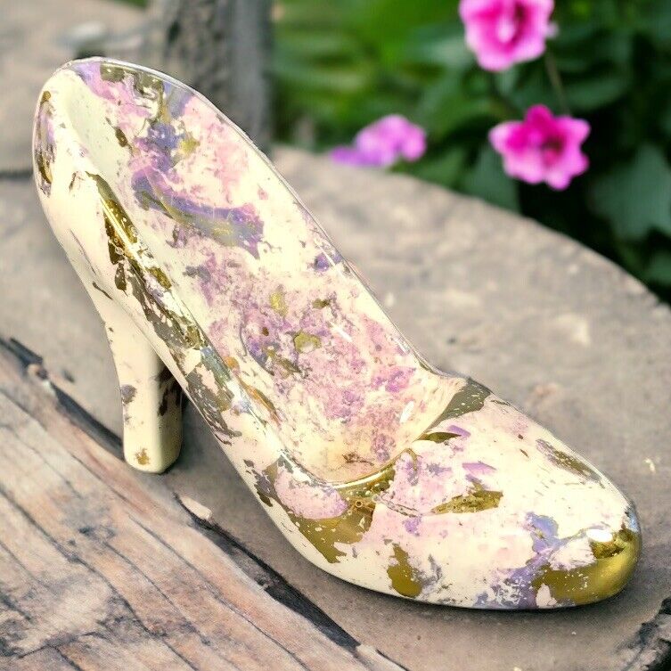 Vintage Ceramic Shoe Figurine High Heel 3.75” in White Pink Gold Figurine Decor