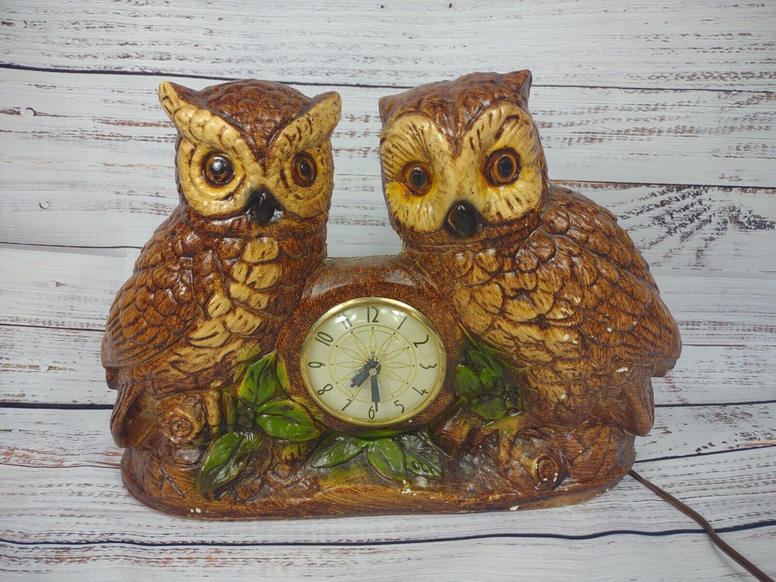 Vintage Lanshire Chalkware Double Owl mantel Clock Electric WORKS rustic MCM