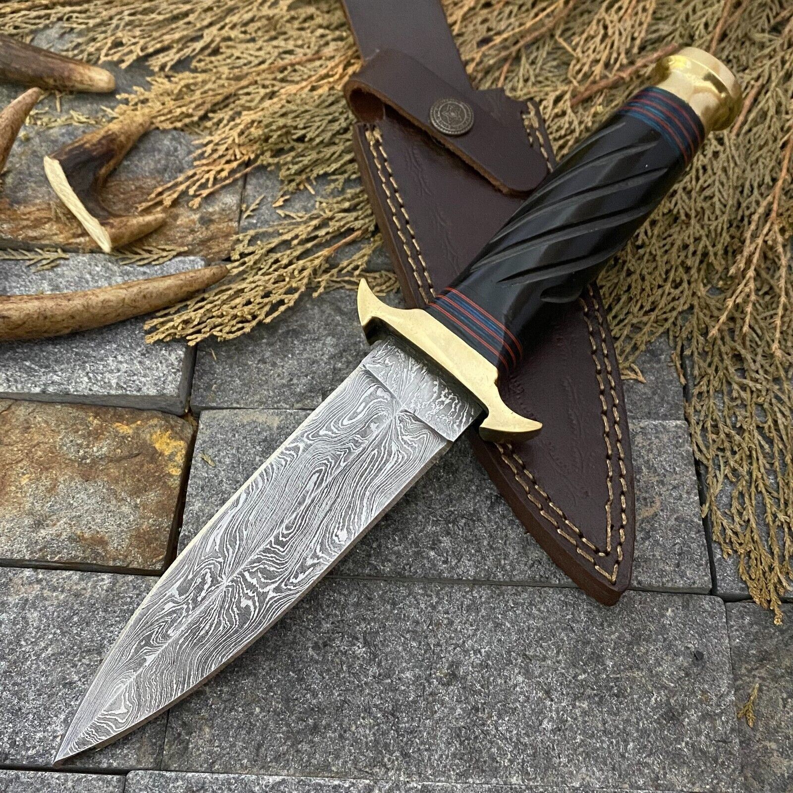 SHARDBLADE CUSTOM HAND FORGE Damascus Steel Hunting Dagger Bowie Knife W/Sheath