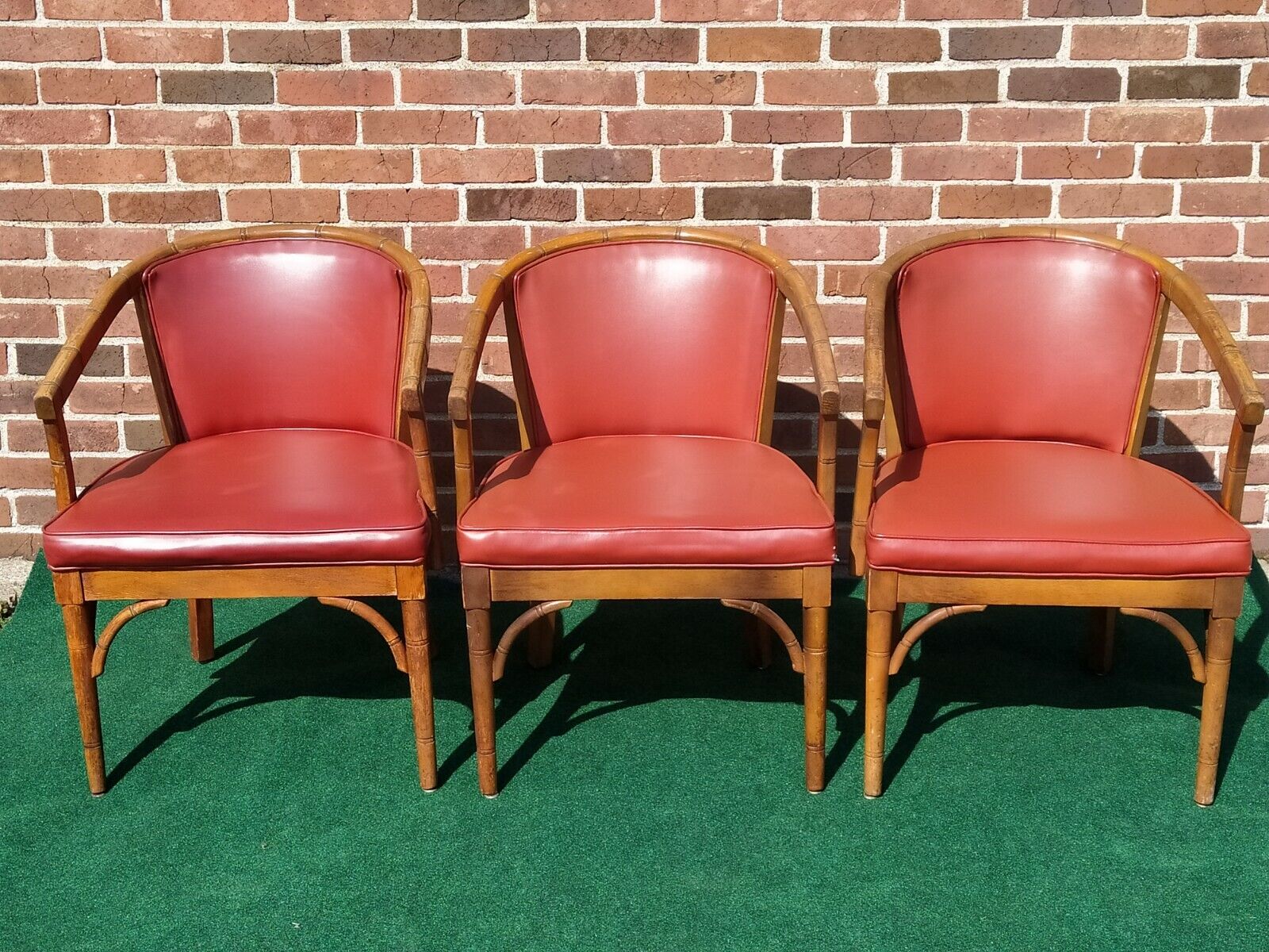 3 MCM Shelby Williams Red Vinyl Upholstered Arm Chairs Bamboo Look Restoration