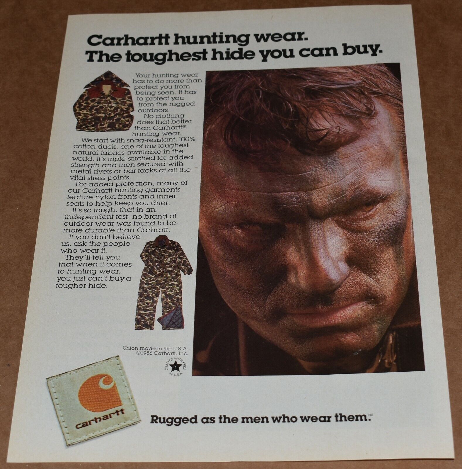 1986 Print Ad Carhartt Hunting Wear Clothing toughest hide you can buy USA man