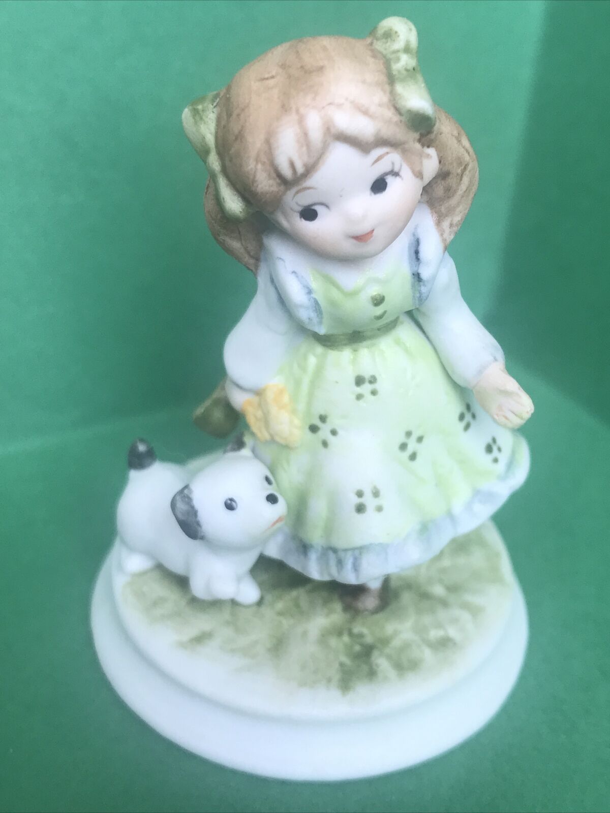 Lefton Girl Figurine Marked 00053 Hand Painted Porcelain Green Dress Puppy