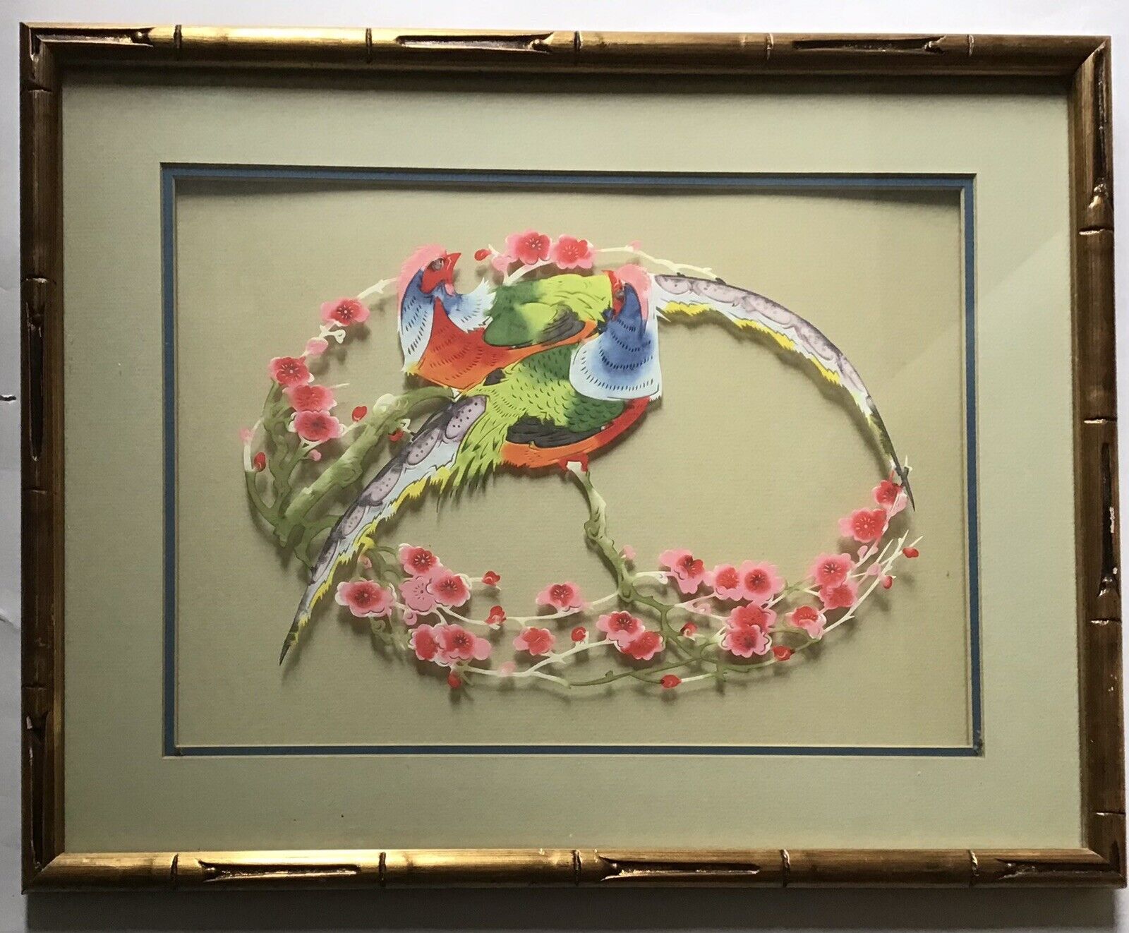 Vintage Original Japanese Reverse Painting of Pheasants on Glass