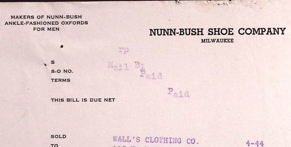 1939 NUNN-BUSH SHOE CO MILWAUKEE WALLS CLOTHING ORRVILLE  BILLHEAD INVOICE Z306