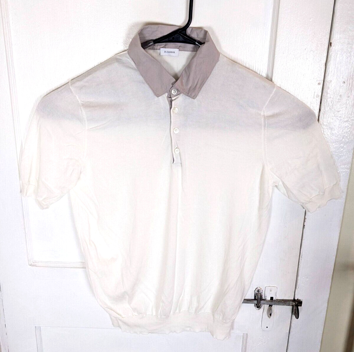 Jil Sander White Knit Golf Polo Shirt Sz.52 Italy Made Cuff Sleeve Designer Med.