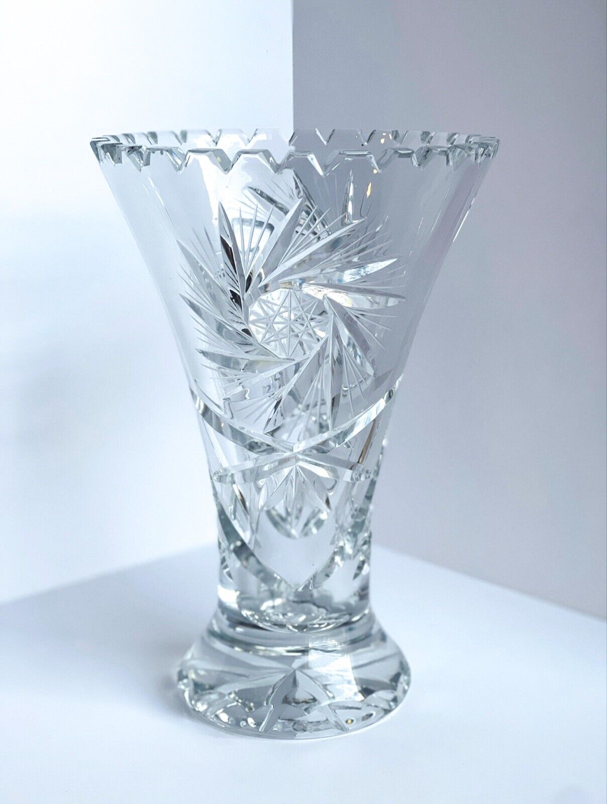 Vintage Pinwheel Pattern Czech Lead Crystal Vase 1960s