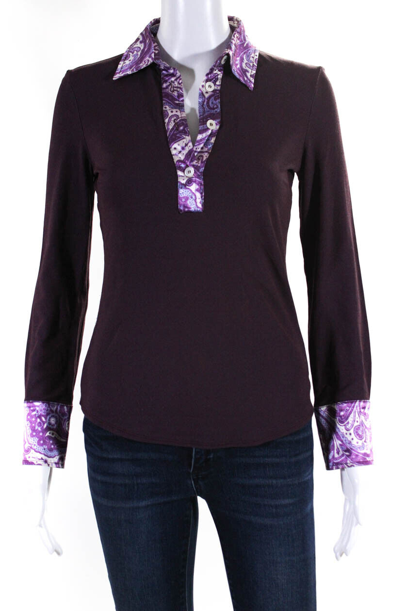 D&G Dolce & Gabbana Womens Paisley Trim Long Sleeved Polo Shirt Purple Size 24