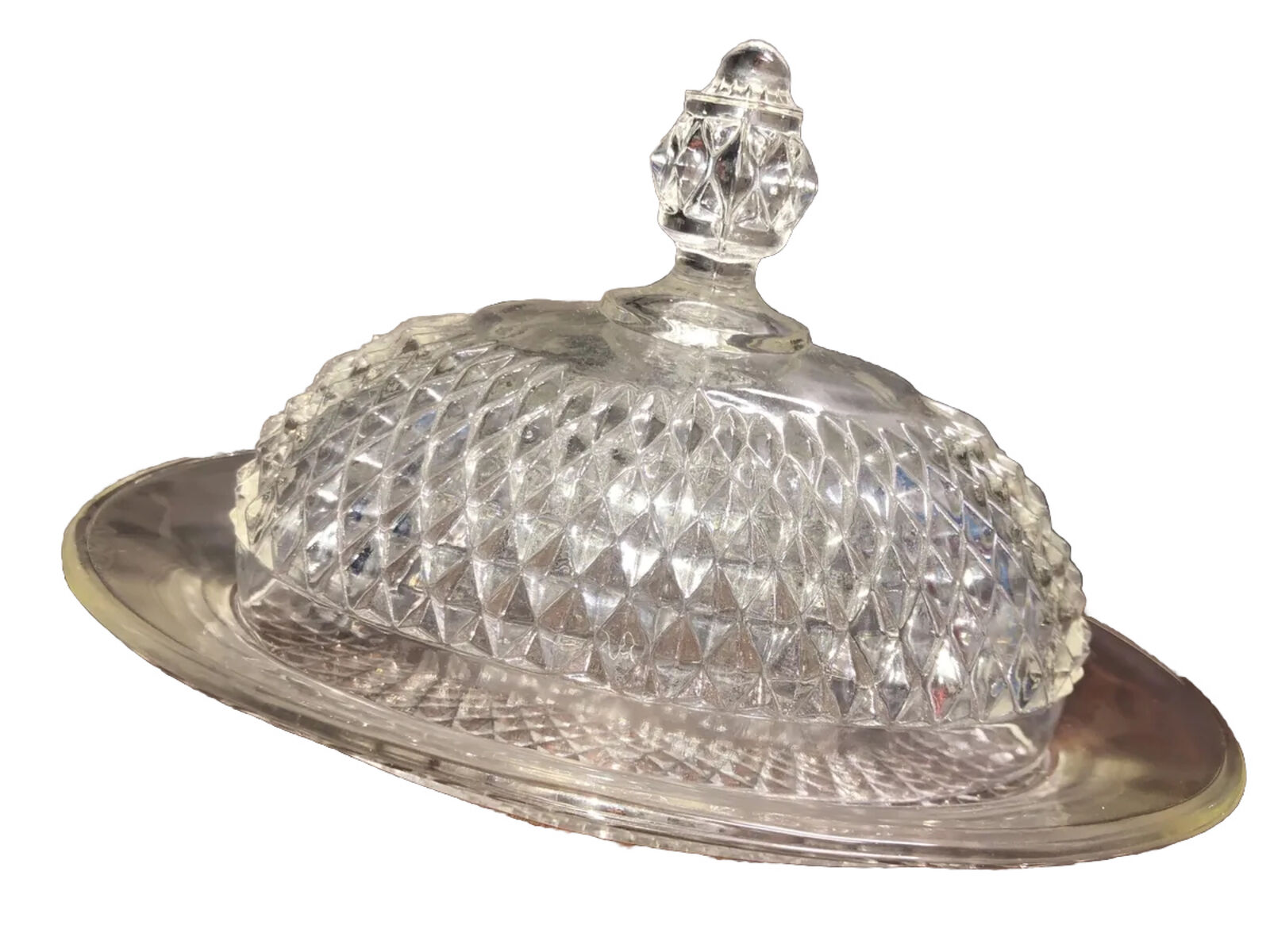 Vintage Indiana Glass Diamond Point Covered Oval Dome Butter Dish