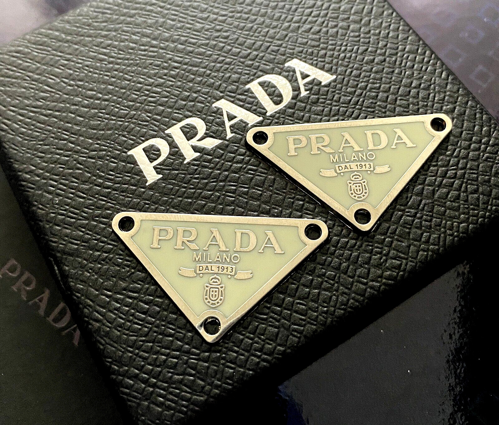 LOT 2 Prada Milano Logo little  Button Plate Metal Emblem Triangle Plate SILVER
