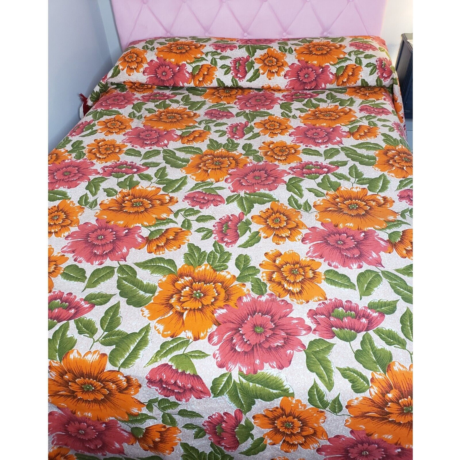 Vintage 60s 70s Orange Hot Pink Floral Bed Spread Full Size