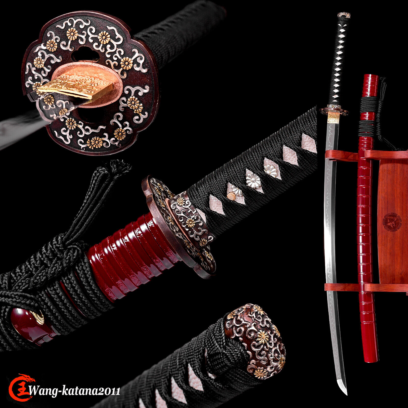 Blood Red Flower Katana Clay Tempered T10 Steel Japanese Samurai Sharp Sword New