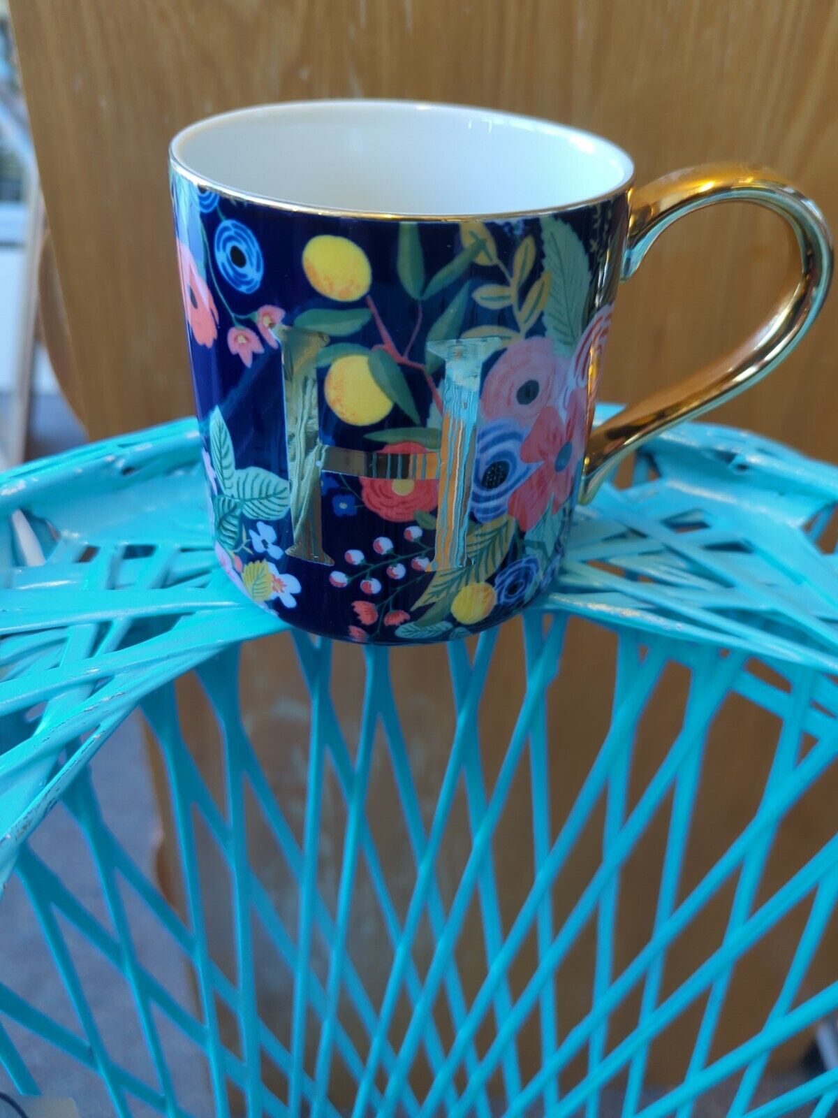 Rifle Paper Co For Anthropologie floral  Coffee Cup Mug Golden H Monogram