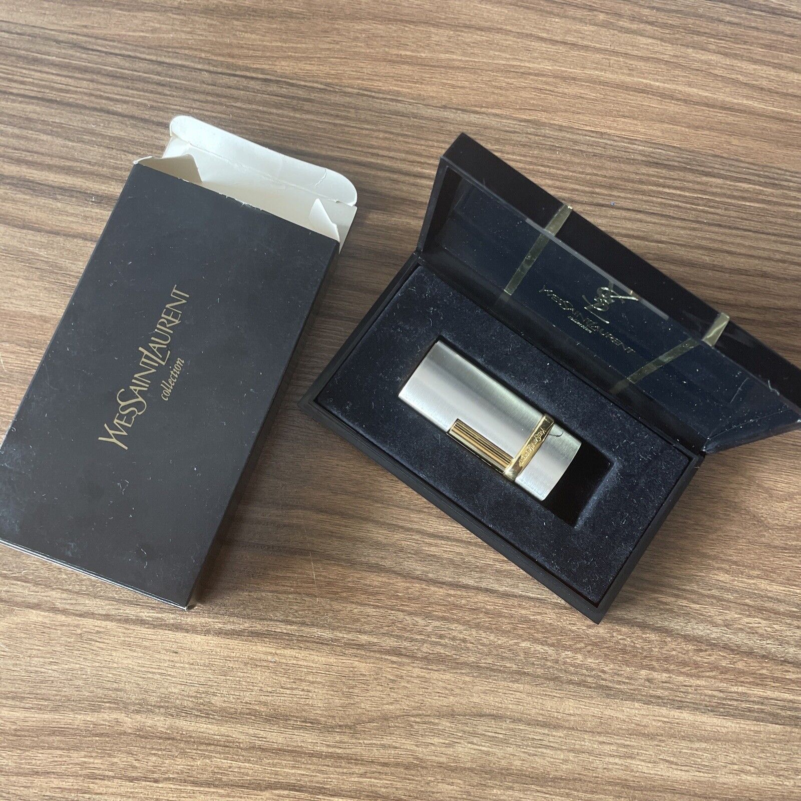 New Authentic Yves Saint Laurent Stainless Steel&Gold Plated Lighter