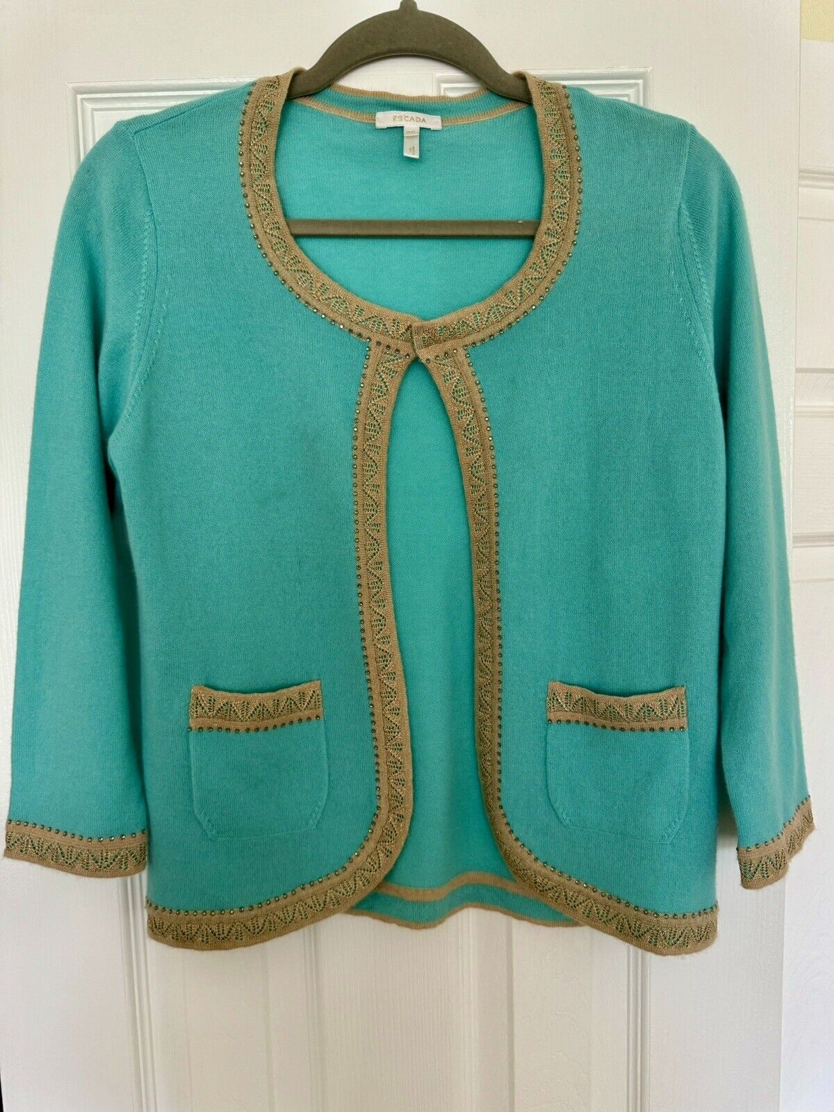 Escada sweater EUC - turquoise blue with embellished gold camel trim size 38